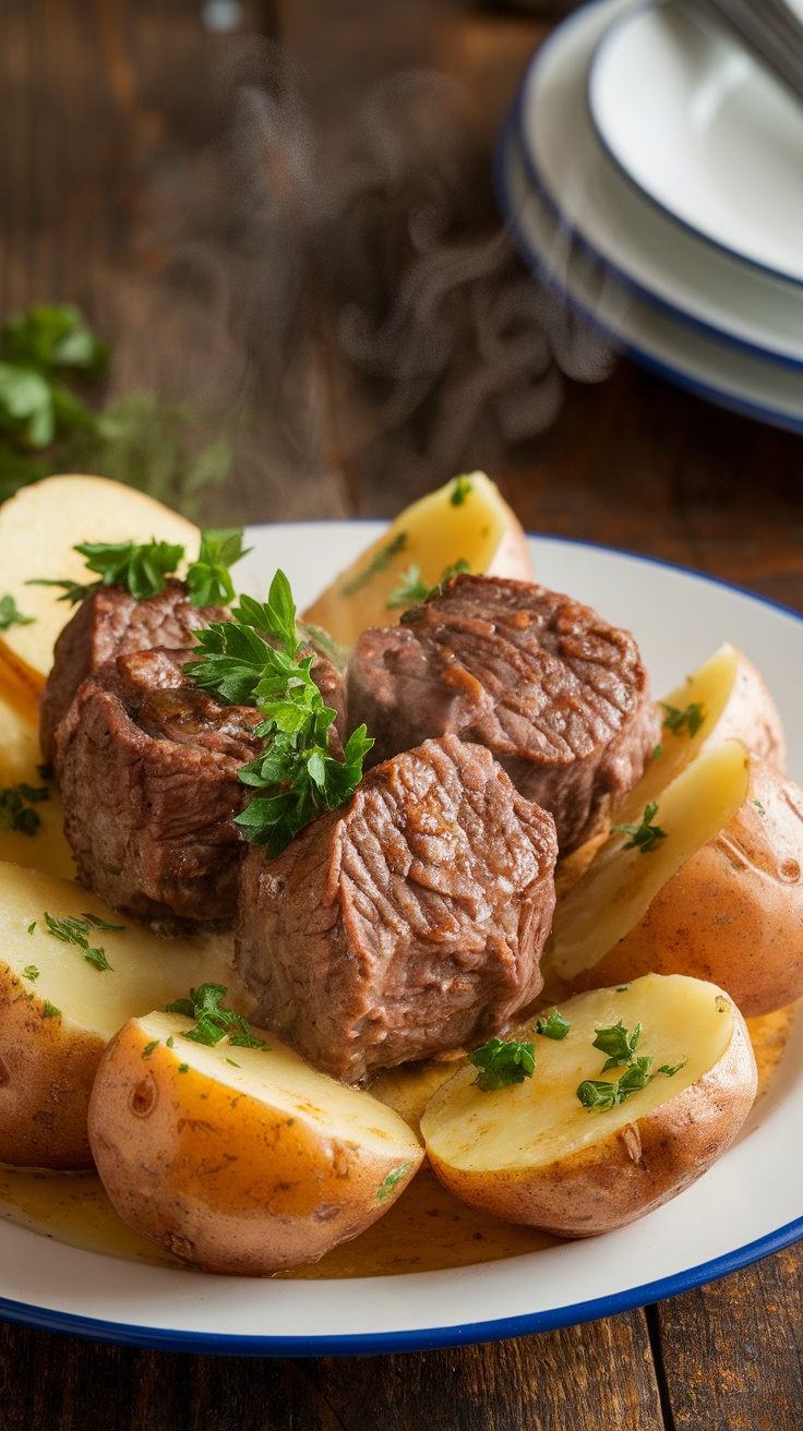 Tender slow cooker garlic butter beef bites with potatoes, garnished with parsley, served on a rustic plate.